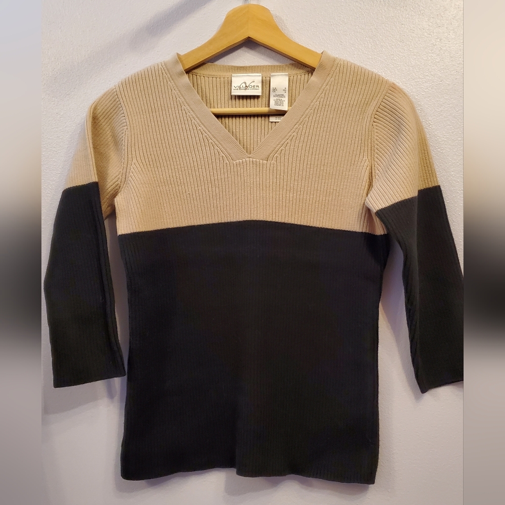 Villager by Liz Claiborne Black&Tan RibbedV-Neck 3/4 Sleeve Women's Small  (W10)